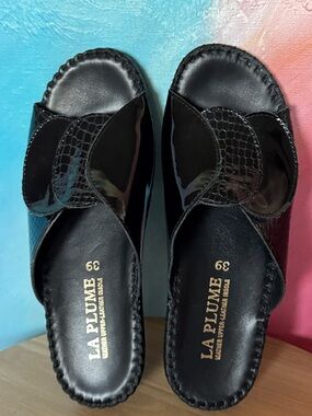 Jen Classic by La Plume Black Croco Patent Leather Slide Sandals EU49 US 8.5